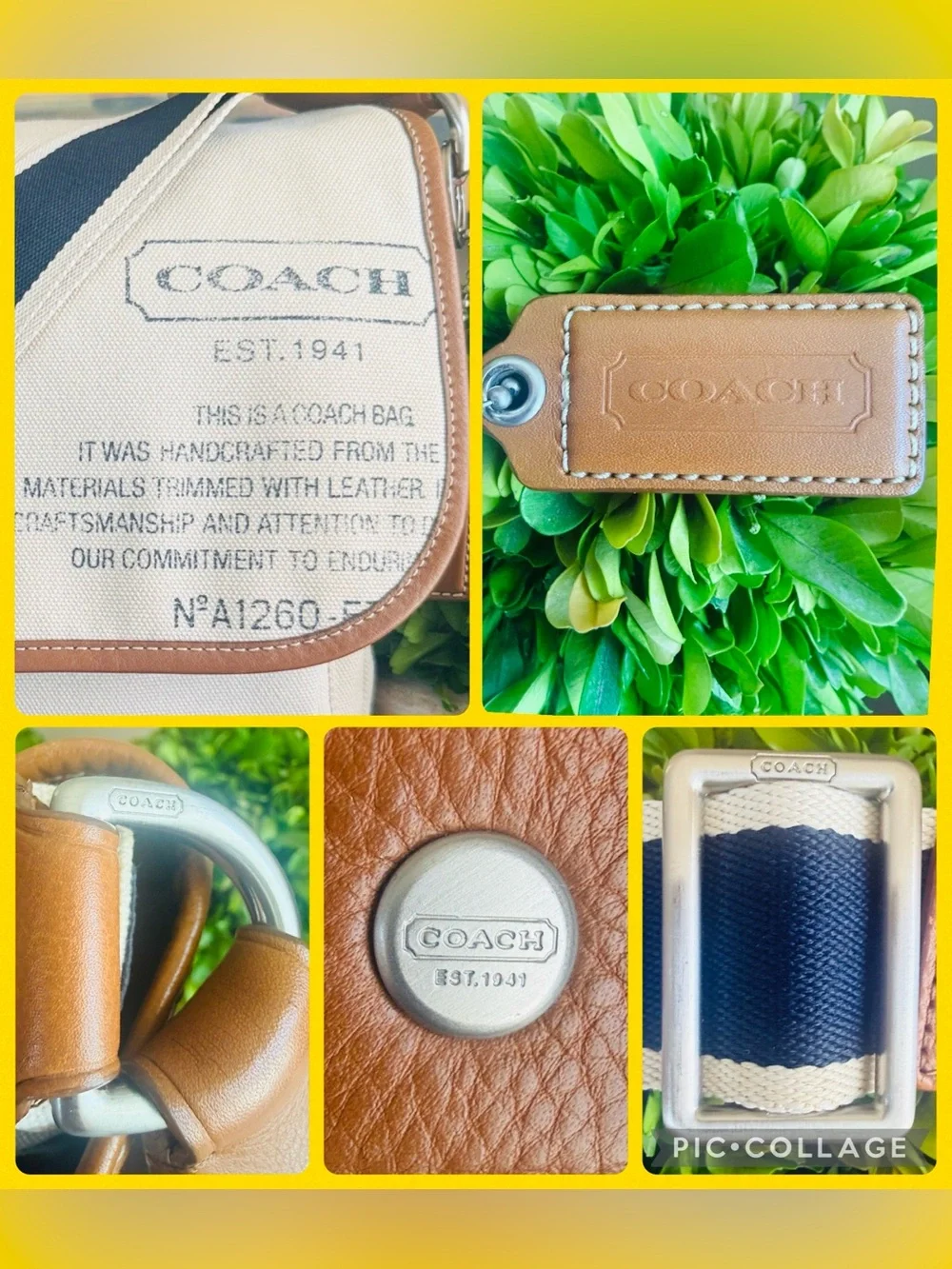 COACH F70627 CREAM AND NAVY CANVAS TAN LEATHER TRIM UNISEX MESSENGER BAG 🌟EUC🌟